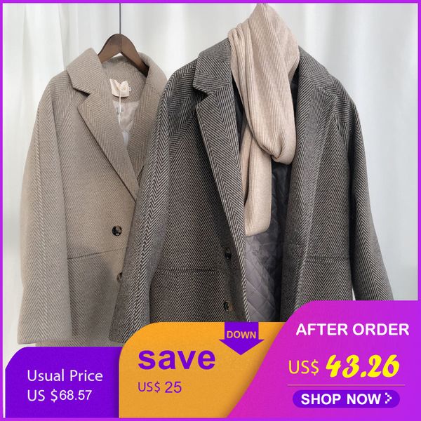 

mooirue spring women woolen jacket coat striped thicken winter new loose mid-length coat, Black