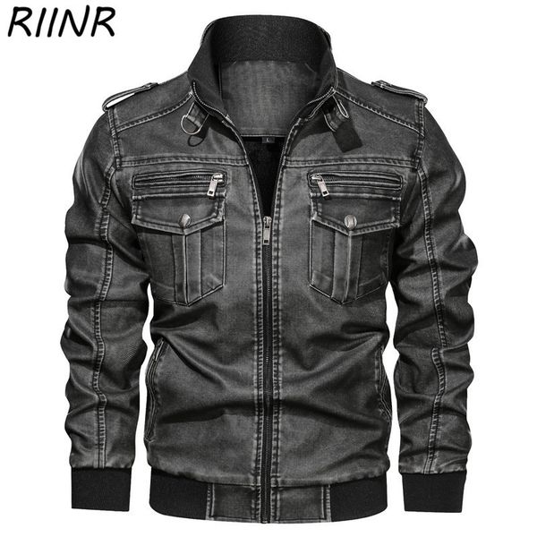 

riinr осень многоцветный кожаная куртка для мужчин streetweaar человек мото байкер мода винтаж oversize кожаные куртки 6xl, Black