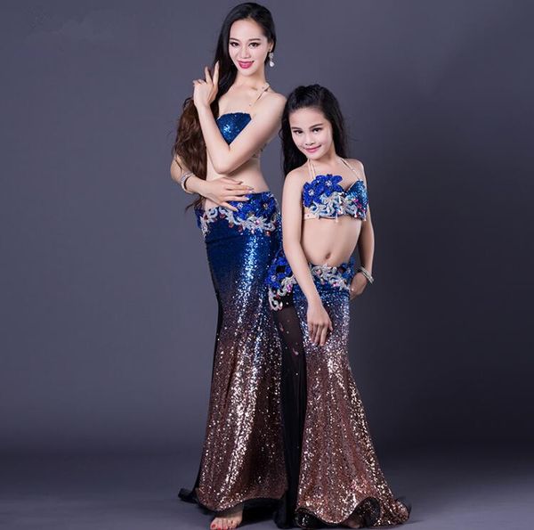 

new and luxury girls 2 piece bellydance costume mermaid suit oriental dancer stage show wear bling bling golden skirt s m l, Black;red