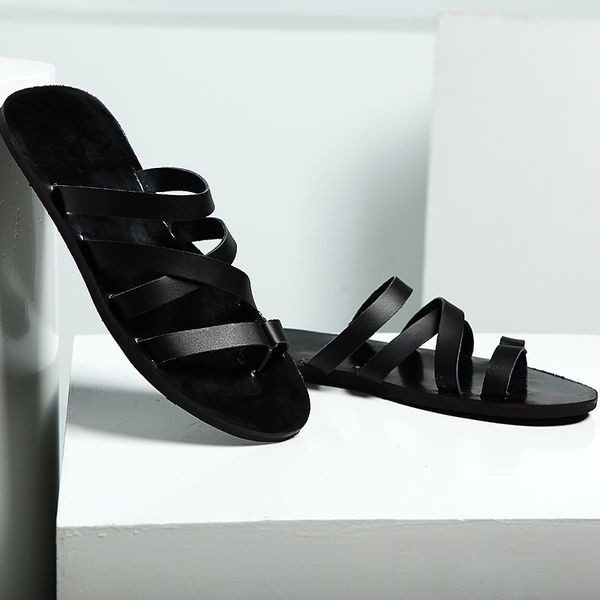

2019 summer fashion men leather sandals men roman beach shoes casual sandals slippers plus size 36-46, Black