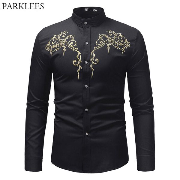 

stylish floral embroidery dress shirt men long sleeve mandarin collar chemise slim fit baroque style henley shirt male, White;black