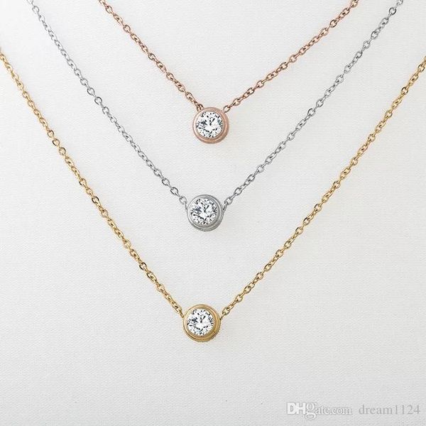 

wholesale 2017 fashion stainless steel jewelry gold silver rose plated single diamond solitaire pendant necklace for women