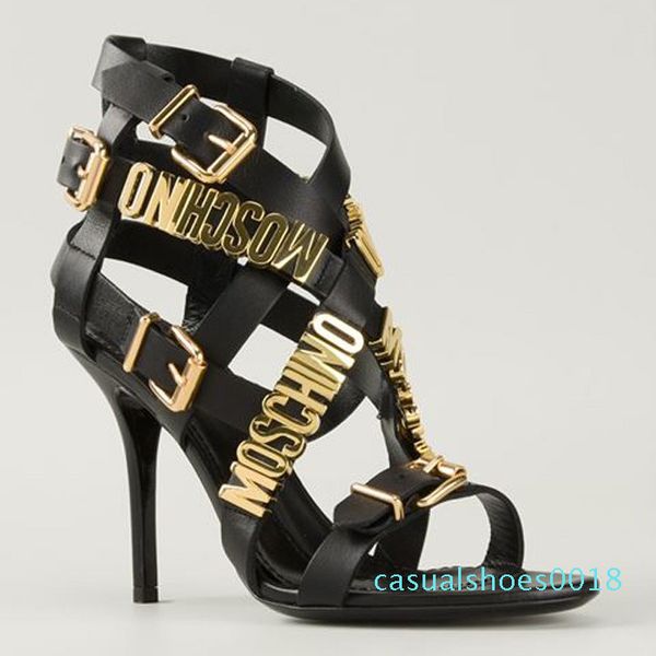 

2017 women summer sandals brand letter buckle black goatskin and leather strappy sandals women shoes c18