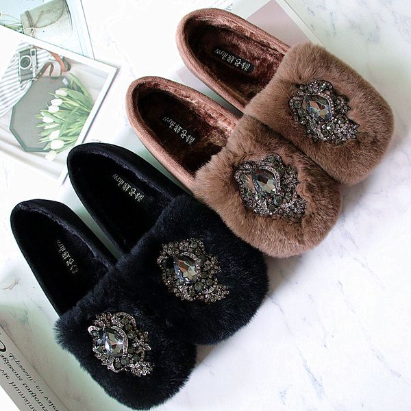 

size 35-42 hair cotton shoes woman luxury rhinestone winter plush mocasine femme creepers flat platform oxfords loafers, Black