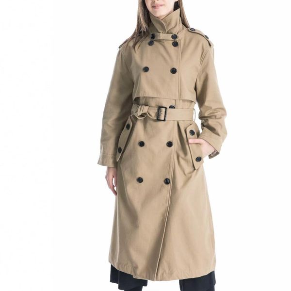 

winter khaki long coat women windbreaker transformable collar adjusatble buckle belt button decoration casual stylish coat femme, Tan;black