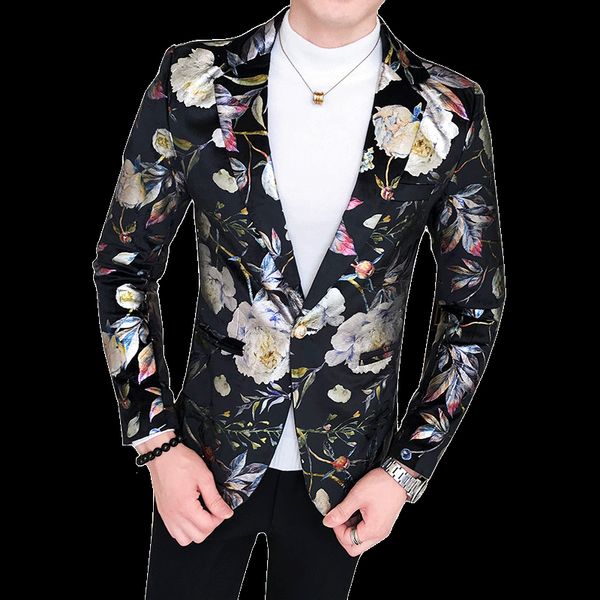 

autumn men's blazer fashion flowers suit coat mens printed blazer men slim homme mens floral stage kk50xx, White;black