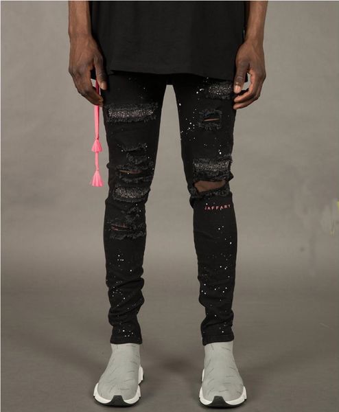 

unique mens distressed ripped skinny jeans fashion designer slim fit washed motocycle denim pants multi spray painting hole hip hop trousers, Blue