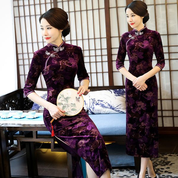 

cheongsam 2017 velour print qipao dress vintage fashion improved autumn long dresses mother party wedding, Red