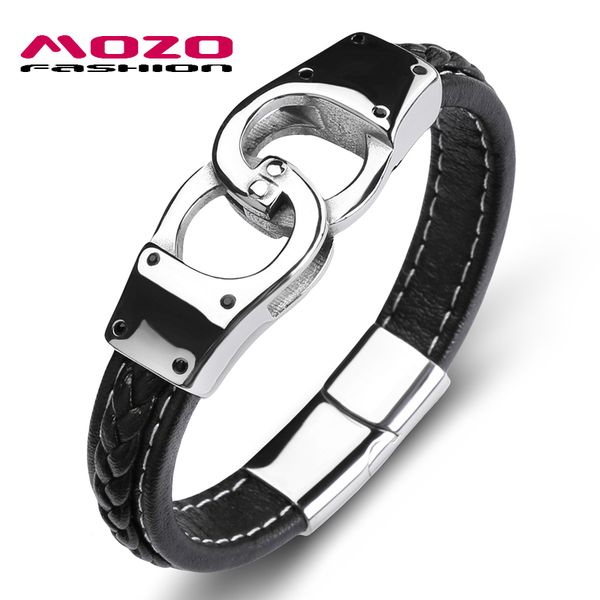 

fashion men handcuffs bracelet black leather stainless steel magnet buckle charm bracelets man cross punk jewelry ps2117, Golden;silver