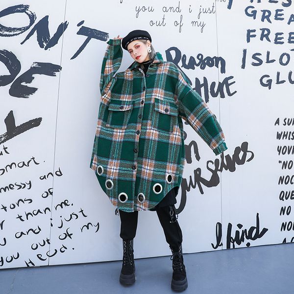 

women autumn winter oversize loose plaid long woolen jacket overcoat streetwear hip hop punk metal ring shirt style coat 326, Black