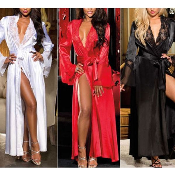 

bathrobes oily cloth long skirt robe solid color lace stitching belt long sleeve robe + panties, Black;red