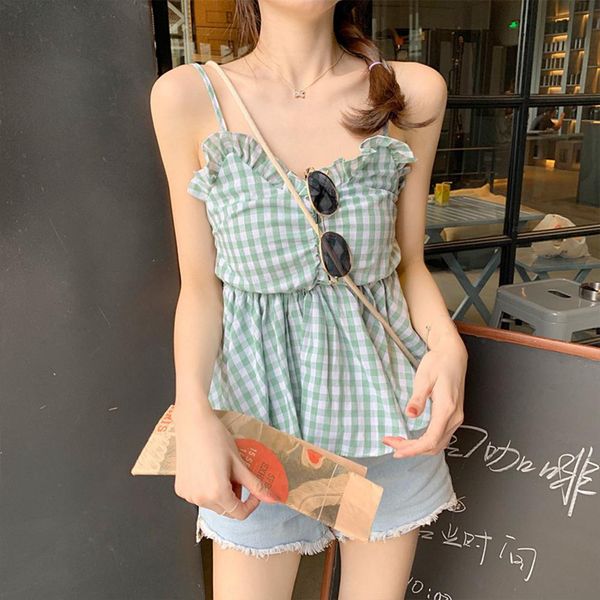 

yfashion 2019 sweet girl women sling elegant v neck lotus leaf edge slim tank female sweet vest top, White