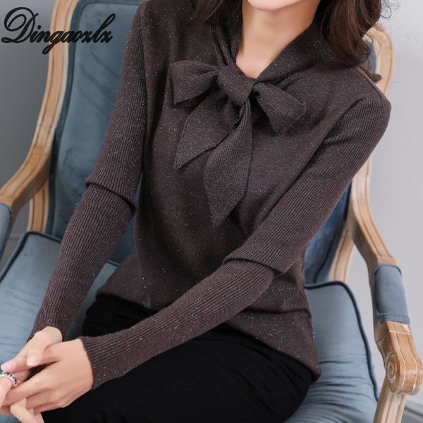 

dingaozlz autumn winter bow tie women sweater casual long sleeve knitted shirt elegant office lady pullovers, White;black