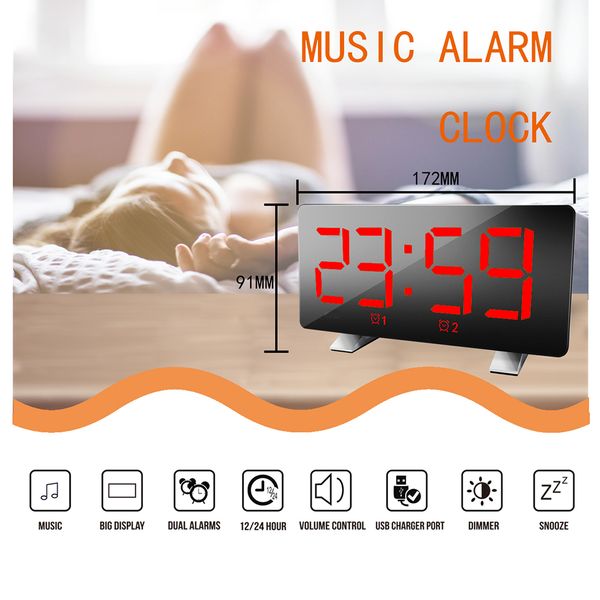

digital alarm clock curved dimmable led screen digital clock ultra-clear large number brightness snooze 12/24h alarm