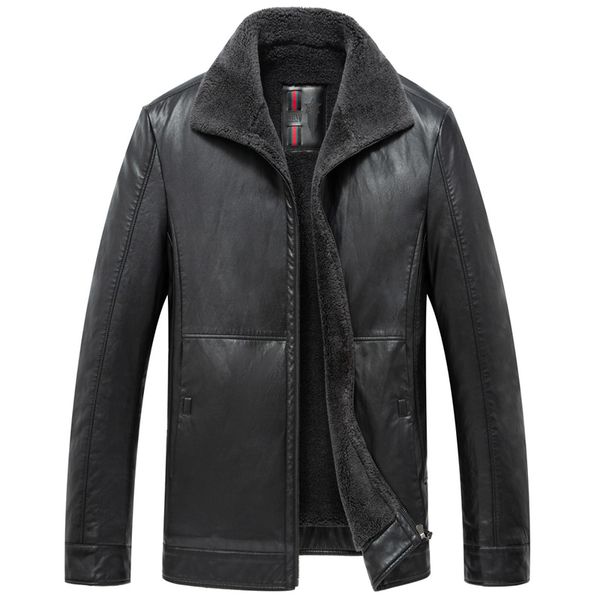 

2020 casual business leather daddy fur one coat winter plus velvet warm father leather jacket male, Black