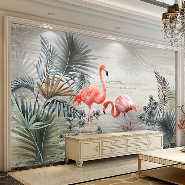 

p wallpaper 3d hand-painted nordic plants leaves flowers and birds murals living room tv sofa background wall decor frescoes