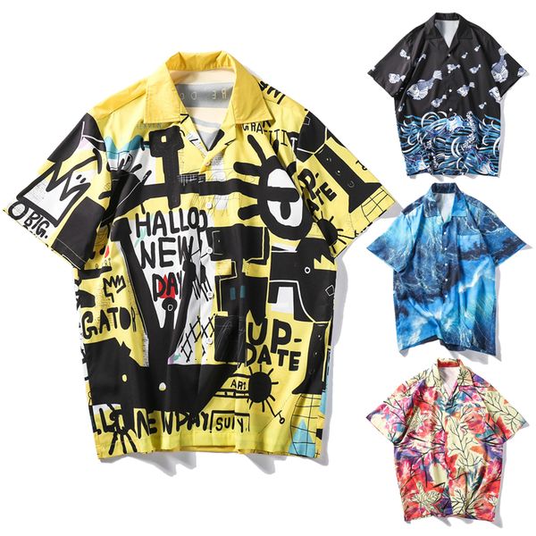 

hawaiian shirt streetwear men hip hop shirts graffiti print harajuku beach summer casual shirt short sleeve, White;black