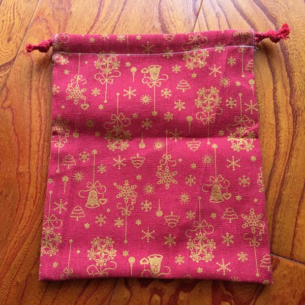 

1pc cotton linen drawstring pouch multi-purpose bag golden christmas bell snowflake red party gift bag yile
