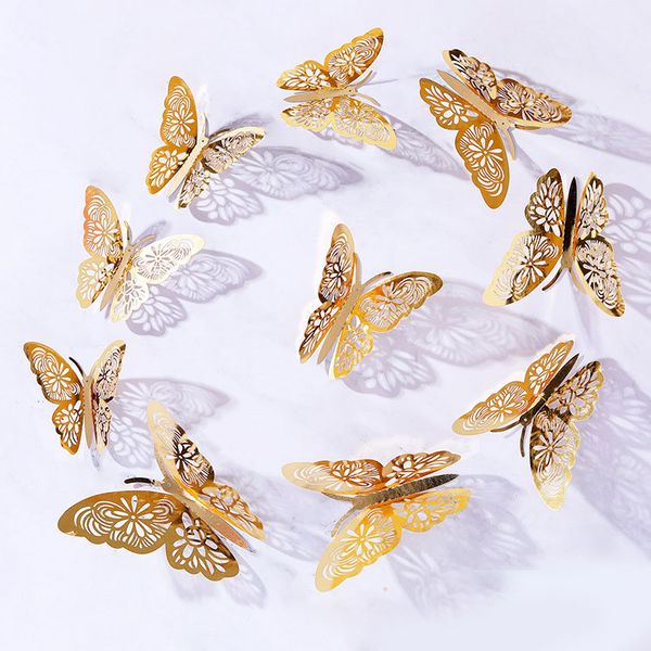 

12 pcs/set fashion gold and silver thick paper card 3d hollow wall stickers butterfly fridge for home decoration fridge sticker wholesale
