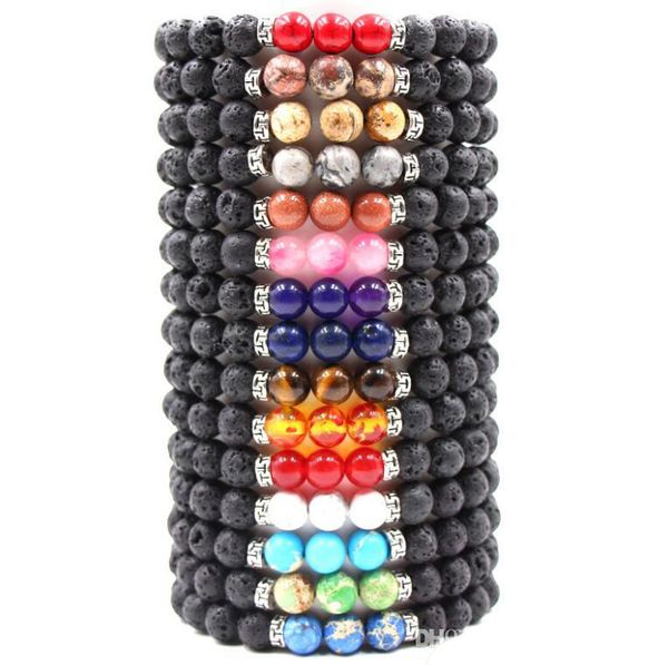 

7 chakra lava stone bracelet essential oil diffuser protection energy healing stretch bracelet men women yoga bracelets 18 colors, Black
