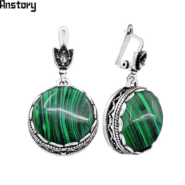 

round malachite earrings for women antique silver plated party hollow flower pendant fashion jewelry