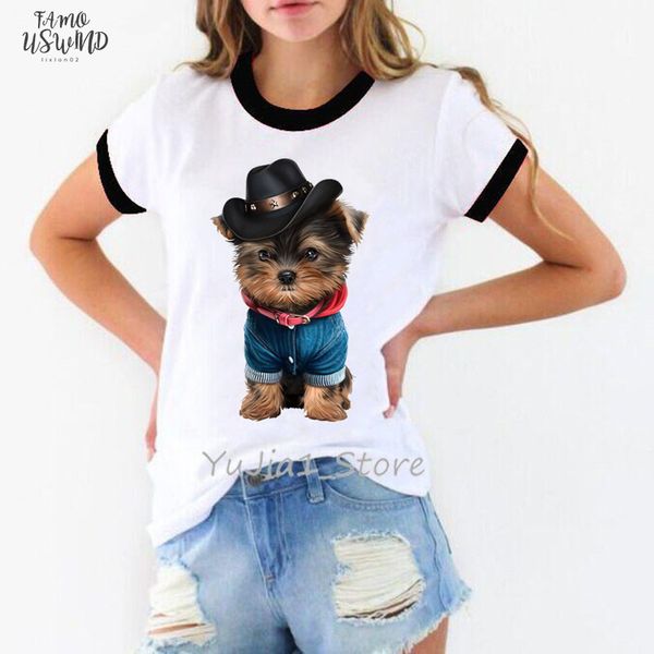 

female t shirt kawaii yorkies print tshirt women summer streetwear woman clothes dog lover tees chemise femme t shirt, White