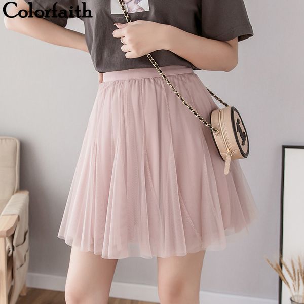 

colorfaith 2020 women casual chiffon mini skirt spring summer pleated multi colors mesh ball gown flared skater skirts sk2697, Black