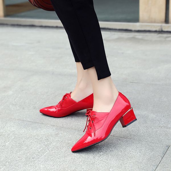 

summer 2019 fashion red black patent pu pumps women shoes hih heels lace up office gladiator block heel shoes bi size