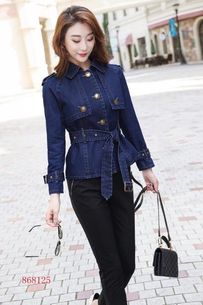 

women's denim short trench coats belt slim denim trench coat solid color single breasted jacket fashionable wild windbreaker qq7ghfrf, Tan;black