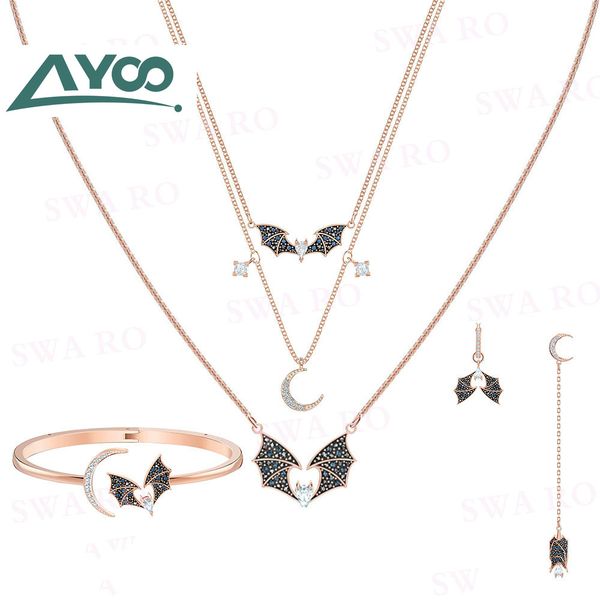 

ayoo swa prosperity rose gold mysterious charm star, half roll crescent and lucky bat earring necklace bracelet set, Silver