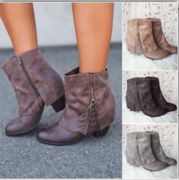 

women lace turnup zip ankle boots shoes ladies spring autumn thick heels high heels motorcycle party boots shoes size 34-43, Black