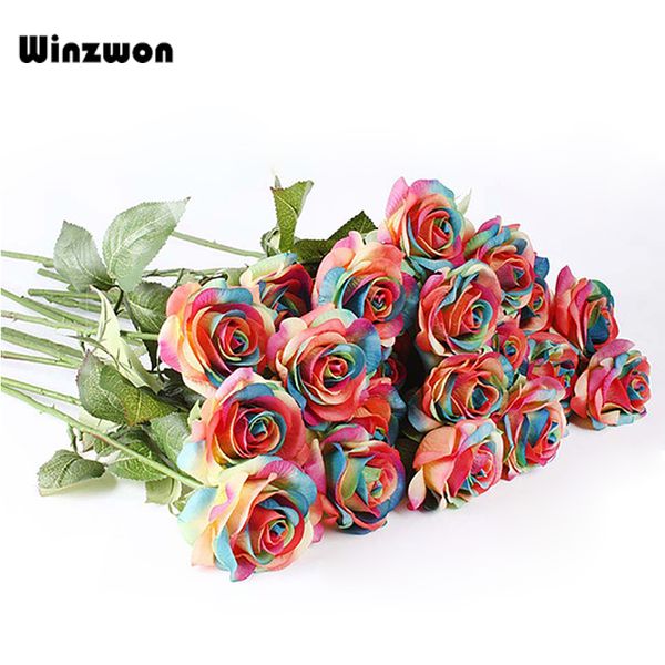Acheter Roses Arc En Ciel Fleurs Artificielles Mariée Mariage Fausses Fleurs Bouquet Rose Fleur Pour La Maison Bricolage Décoration De Voiture De