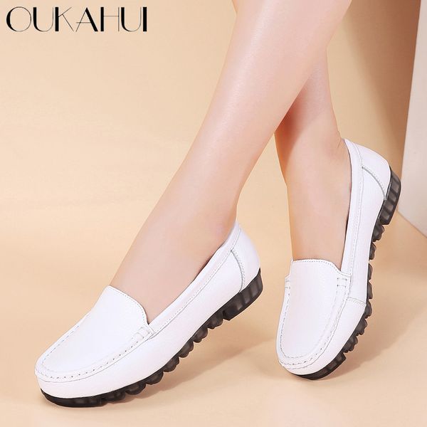

oukahui white soft bottom genuine leather flat shoes woman casual round toe solid slip on feminino flats comfort ladies shoes, Black