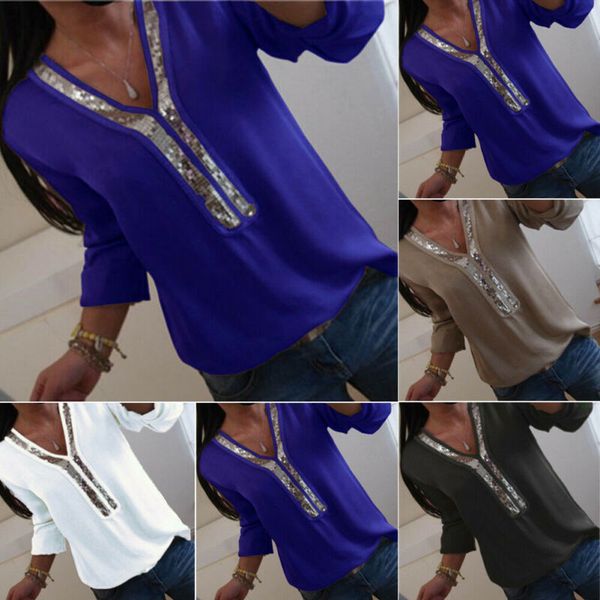 

women's t-shirt spring summer women ladies boho long sleeve v-neck chiffon shirt casual loose sequin tunic baggy plus size, White