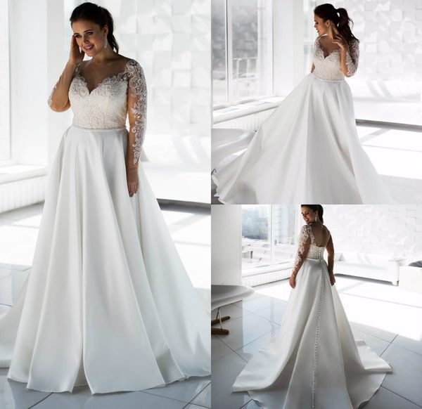 

2019 plus size wedding dresses v neck lace appliqued a line sweep train beads beach wedding dress custom country long sleeve bridal gowns, White