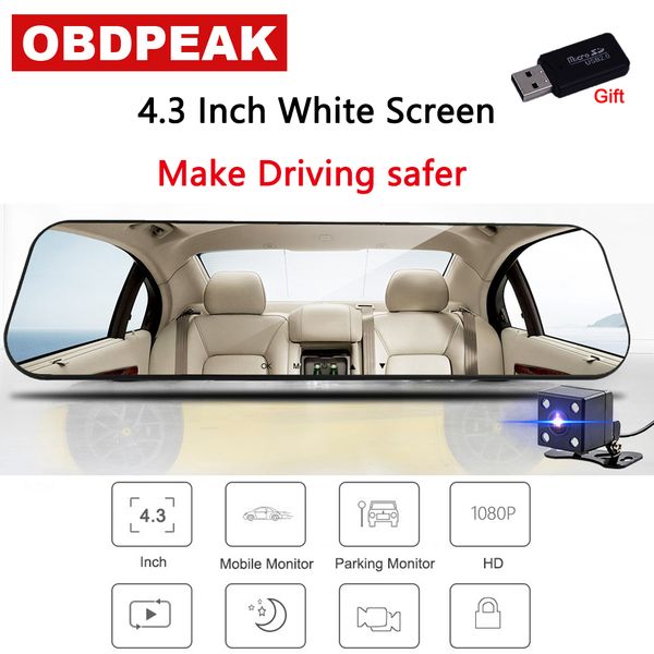 

latest 4.3 inch car dvr dash camera safer white rearview mirror full hd 1080p dual lens with rear view camera auto recorder