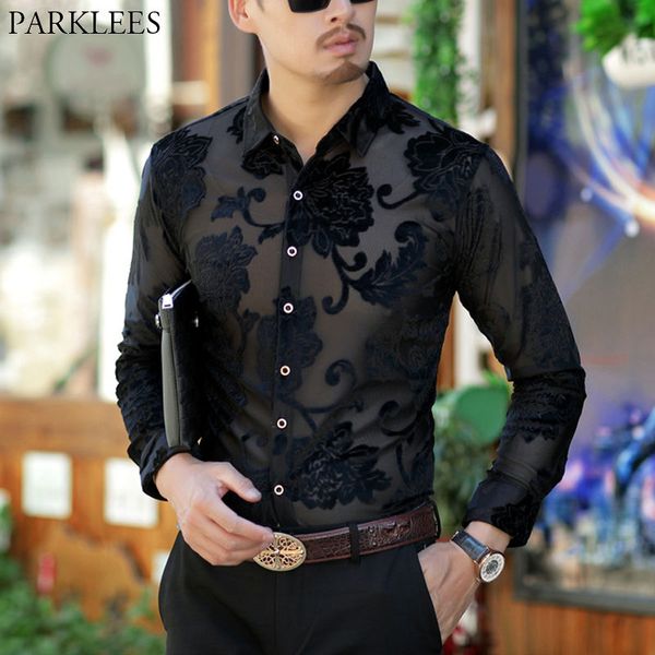 

luxury transparent shirt men floral embroidery lace shirt for cs male see through dress shirts mens club party prom chemise, White;black