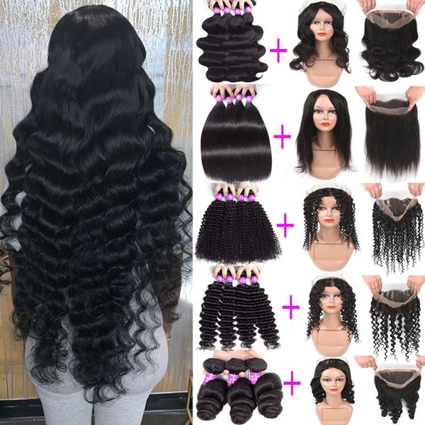 

pre plucked 360 lace frontal with bundles brazilian virgin hair extension deep wave bundles with lace frontal human hair wefts with closure, Black;brown