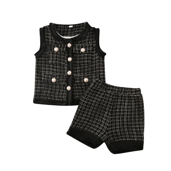

boutique kid clothes 2020 toddler baby girls winter clothes set sleeveless plaid coat +short pants 2pcs casual outfits, White