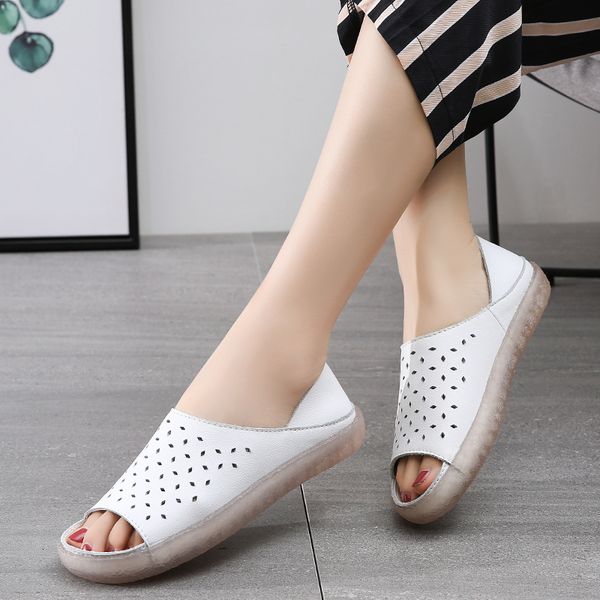

flat heels white casual summer shoes for peep toe soft bottom genuine leather women sandals low heel, Black