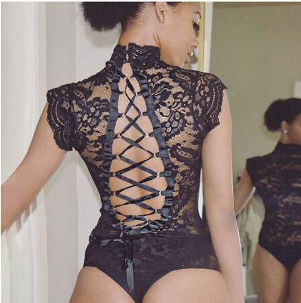 

женщины sexy цветочные кружева водолазка выдалбливают узелок slim fit узкие bodysuits, White;black