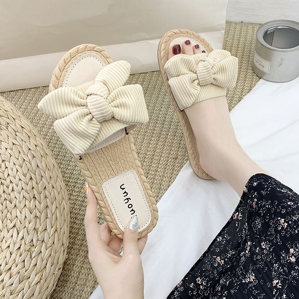 

slippers women summer flat shoes female butterfly-knot slides pantofle soft 2020 fabric fashion pu basic cotton, Black