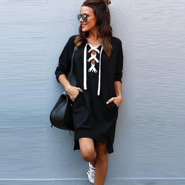 

autumn spring women sweatshirt hoodies cotton black casual long sleeve pullovers solid lace up bandage bodycon women