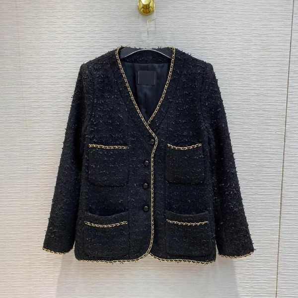 

new luxury high-end black tweed women's jacket v-neck classic four pockets chain pearls button retro coat elegant street outwear