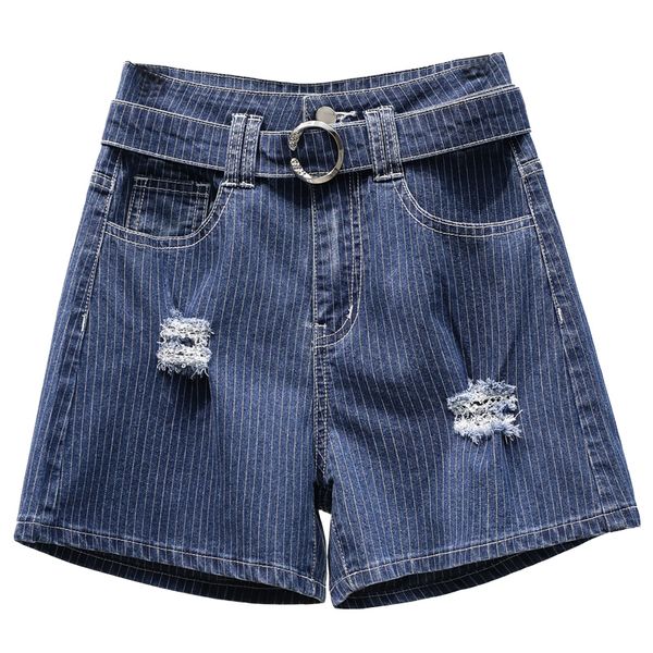 

super 5xl high waist hole denim shorts women jeans 2020 summer new design blue vertical stripes belt plus size ripped jeans