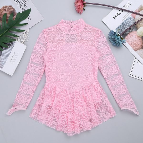 

ale ballet skate leotards for girls long sleeves spandex gymnastics swimsuit kids ballet costume dress mock neck floral lace, Black;red
