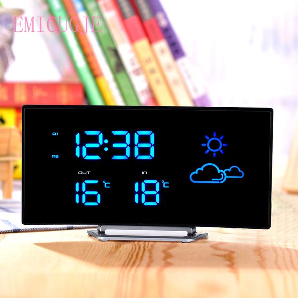 

arc shape digital temperature display led alarm clock decoration desk table clock weather forecast fm radio snooze