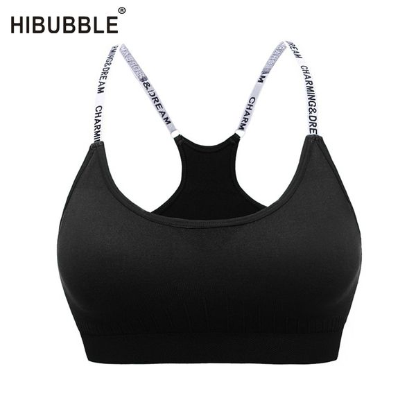 

hibubble push up sports bra spaghetti straps high impact letter prited sport bra breathable sports bras for fitness yoga running, White;black