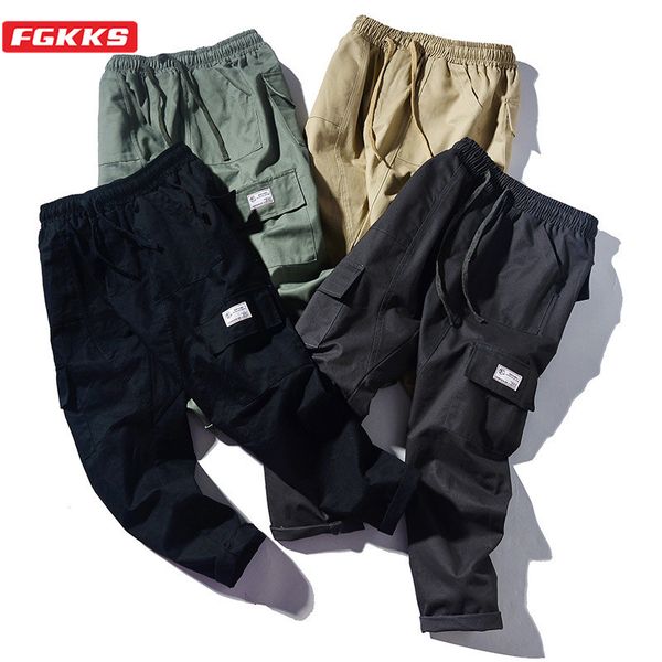 

fgkks spring new men casual pants japan style brand men's hip hop trend trousers solid color cargo pants male, Black