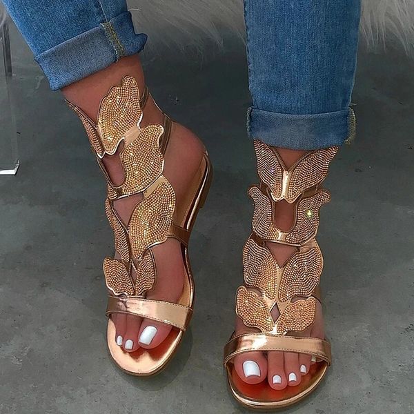 

women sandals rhinestone flat ankle strap summer womens buckle gladiator beach shoes female bling ladies fashion plus size, Black